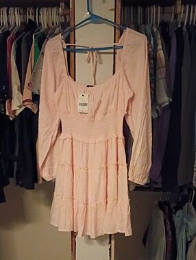 Francesca's Collections Light Pink Long Sleeve Tiered Mini Dress